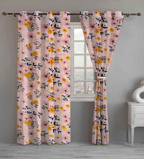 Multicolor Cotton Floral 7ft Eyelet Door Curtains (2 Pcs)