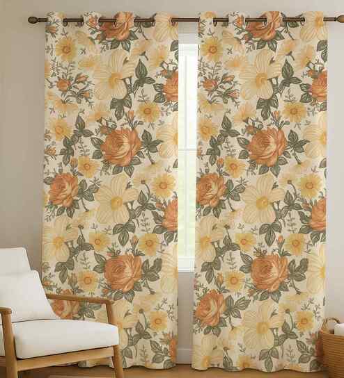 Orange Cotton Floral 7ft Eyelet Door Curtains (2 Pcs)