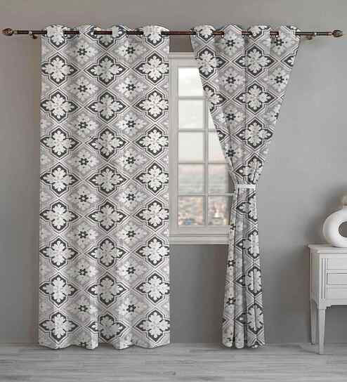 Grey Cotton Floral 7ft Eyelet Door Curtains (2 Pcs)