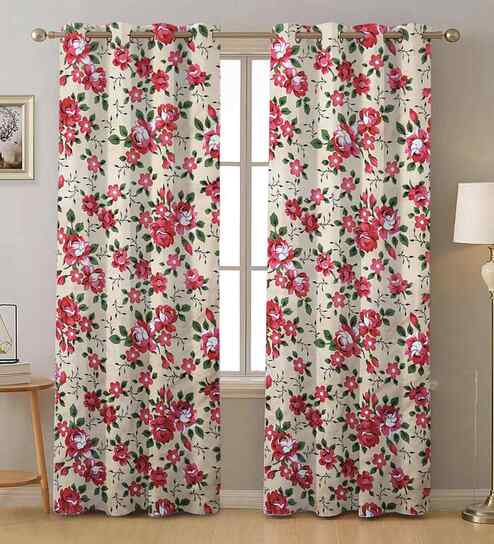 Pink Cotton Floral 7ft Door Curtains (2 Pcs)