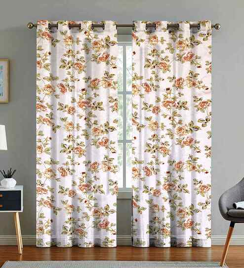 Beige Cotton Floral 9ft Eyelet Long Door Curtains (2 Pcs)