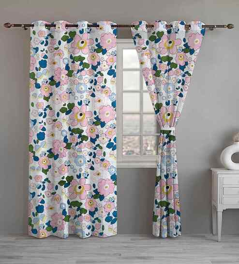 Beige Cotton Floral 9ft Eyelet Long Door Curtains (2 Pcs)