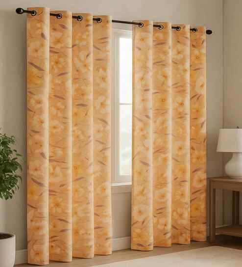 Mustard Cotton Floral 9ft Long Door Curtains (2 Pcs)