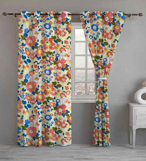 Multicolor Cotton Floral 9ft Long Door Curtains (2 Pcs)