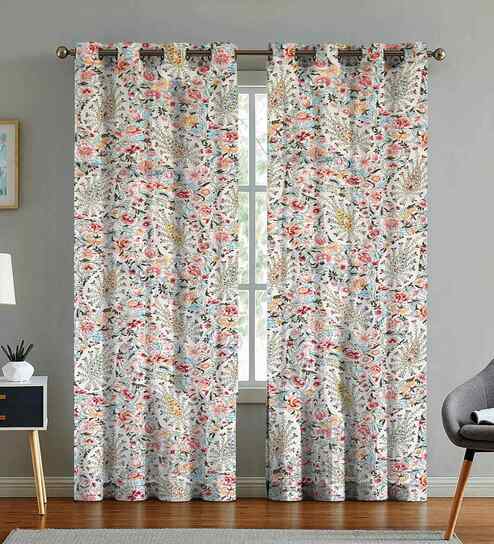 Beige Cotton Floral 9ft Eyelet Long Door Curtains (2 Pcs)