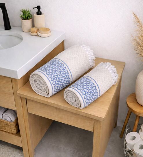 Set Of 2 Blue Cotton Bath Towels