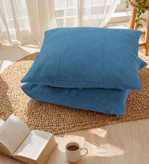 Set Of 2 Blue Cotton Slub Solid Cushion Covers