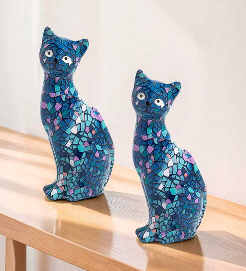 Set of 2 Blue Pink Vintage Cat Showpiece -4 Inch