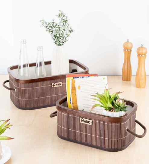 Set Of 2 Brown Bamboo Oval Rattan Organiser