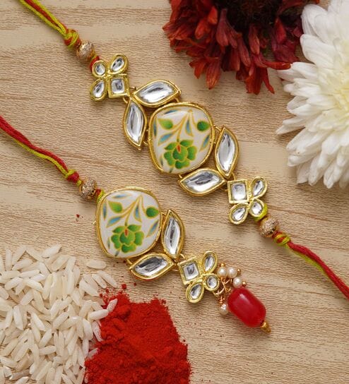 Set of 2 Designer Floral Bhaiya Bhabhi Rakhi Set with Roli Chawal Pack