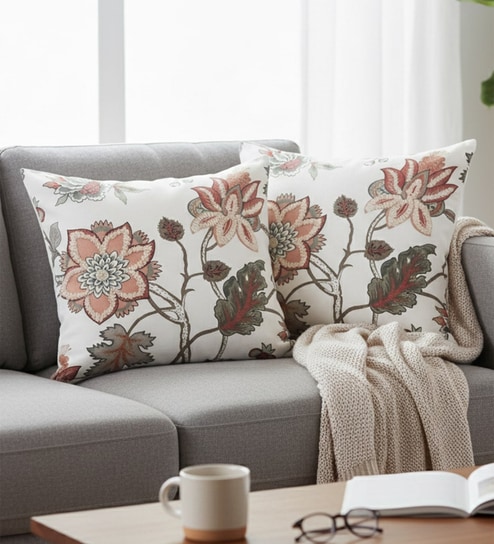 Set of 2 Elegant Botanical Floral Throw Cushion Covers (18x18)