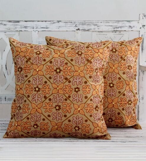 Set of 2 Embroidered Floral Lattice Throw Cushion Covers (18x18)