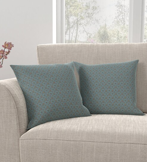 Buy Set Of 2 Ethnic Motif Polycotton Blue Cushion Covers 16x16