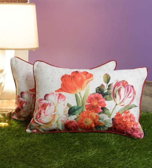 White Floral Polyester Blend 12 x 18 Inches Cushion Covers (Set of 2)