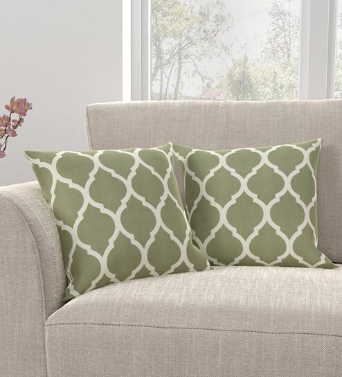 Buy Set Of 2 Florals Cotton Green Cushion Covers 16x16 Inches By