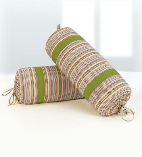 Set of 2 Green & Multicolor Striped 100% Woven Cotton Bolster Covers   Soft, Stylish & Durable - 15 x 30 inches