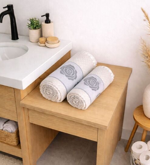Set Of 2 Grey Cotton Bath & Hand Towels Set