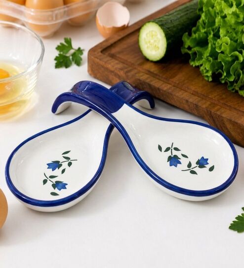 Set of 2 Blue Hand-Painted Ceramic Spoon Rest