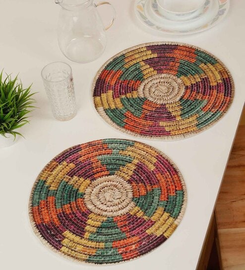 Set of 2 Jute Material Geometric Reversible Table Runners