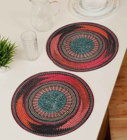 Set of 2 Jute Material Geometric Reversible Table Runners