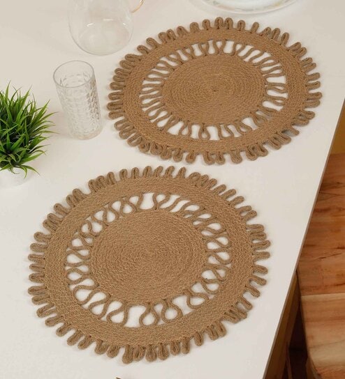 Set of 2 Jute Material Geometric Reversible Table Runners