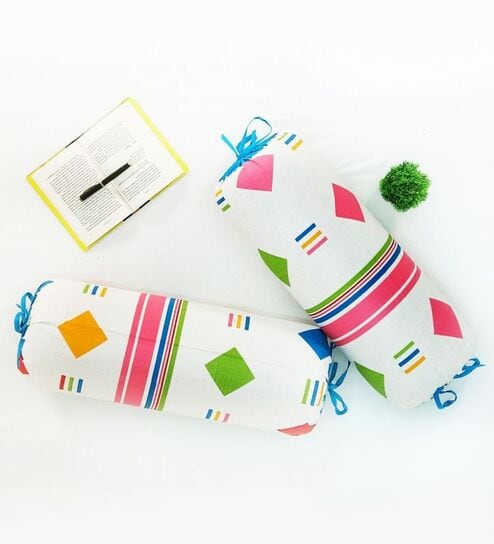 Set of 2 Multicolor Geometric Print 100% Cotton Bolster Covers   White Base, Vibrant & Stylish - 15 x 30 inches