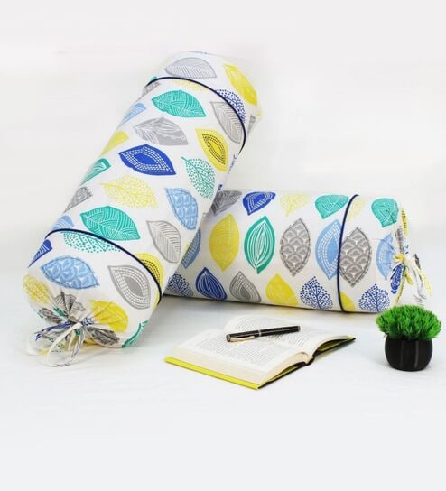 Set of 2 Multicolor Leaf Print 100% Cotton Bolster Covers   White Base, Soft & Stylish - 15 x 30 inches