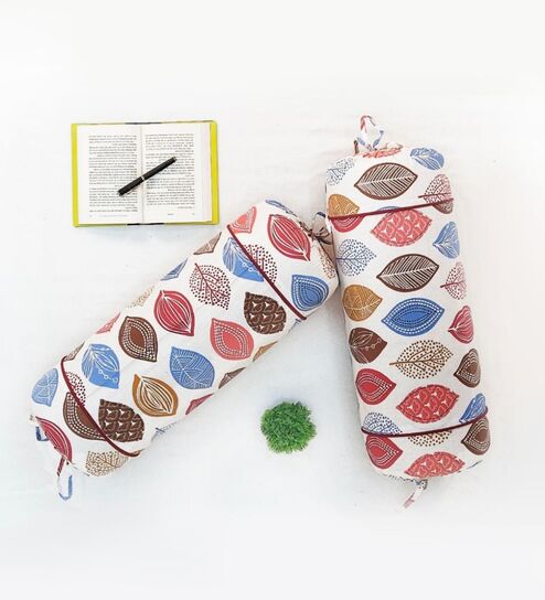 Set of 2 Multicolor Leaf Print 100% Cotton Bolster Covers   White Base, Soft & Stylish - 15 x 30 inches