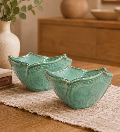 Ocean Bloom Handmade Ceramic Serving Bowls, 500 Ml (Set Of 2)