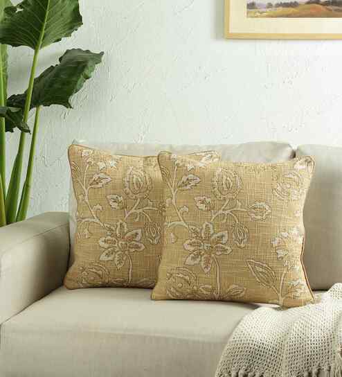 Set Of 2 Ocher Cotton Floral Cushion Covers