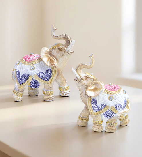golden peacock Set of 2 Offwhite & Gold-Toned Elephant Figurine Showpiece-picture-25