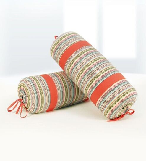 Set of 2 Peach & Multicolor Striped 100% Woven Cotton Bolster Covers   Soft, Stylish & Durable - 15 x 30 inches