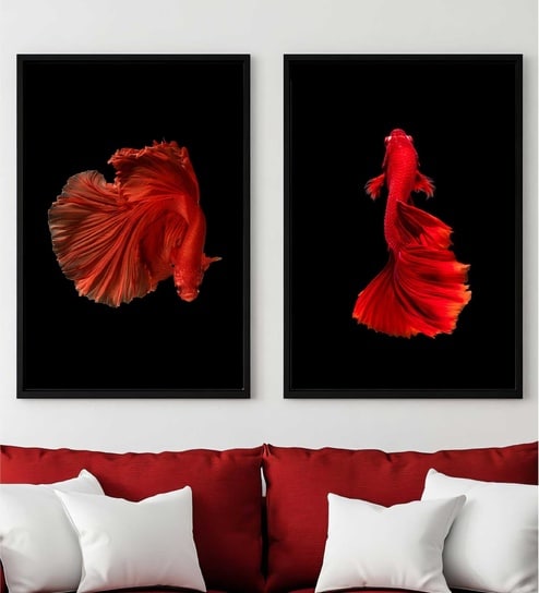 Red Fish Printed Aclyric Wall Art Panel Set of 2