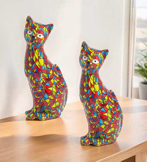 Set of 2 Red Yellow Vintage Cat Showpiece -4 Inch