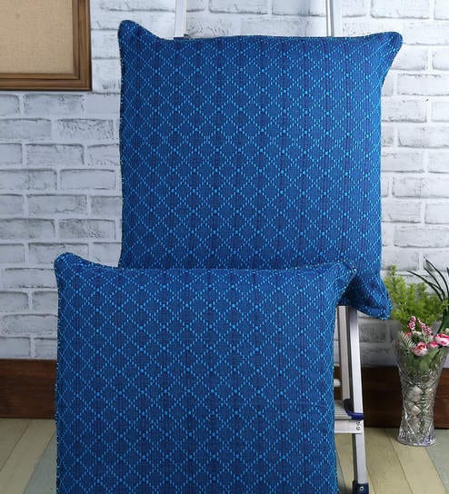 Blue Traditional Cotton 24 x 24 Inches Cushion Covers (Set of 2)