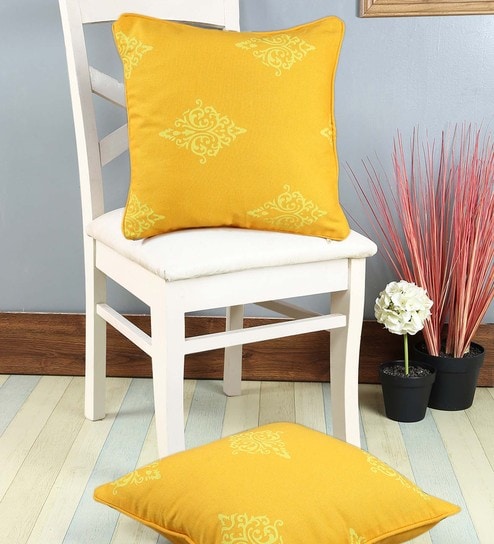 Yellow Traditional Cotton 16 x 16 Inches Cushion Covers (Set of 2)