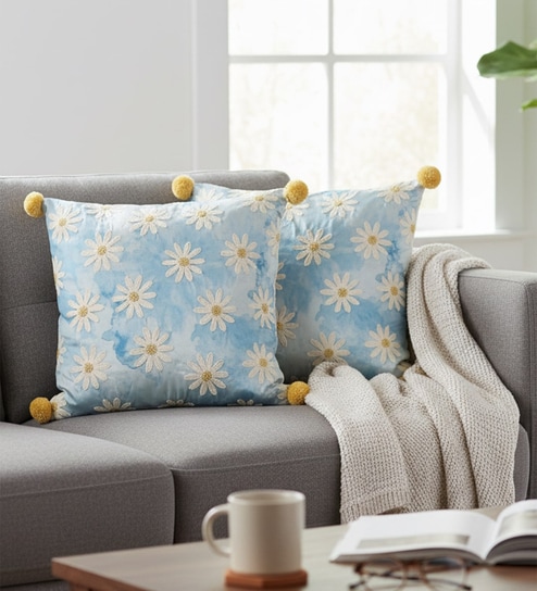 Set of 2 Whimsical Daisy Embroidered Throw Cushion Covers (18x18)