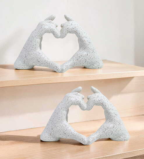 Set of 2 White Modern Heart Shape Hand Showpiece-Vintage Finish