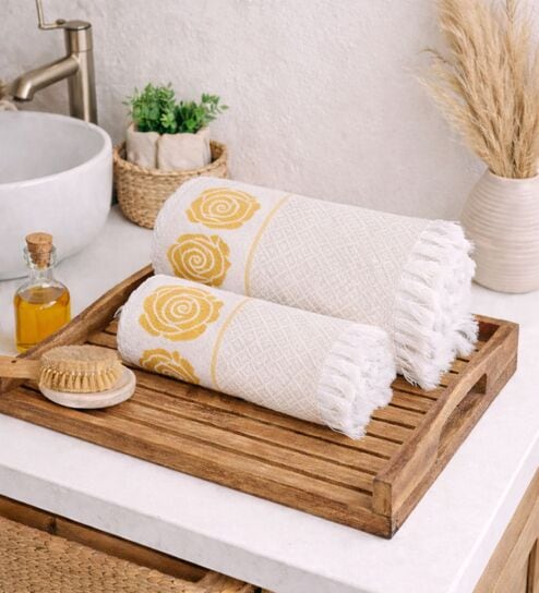 Set Of 2 Yellow Cotton Bath & Hand Towels Set