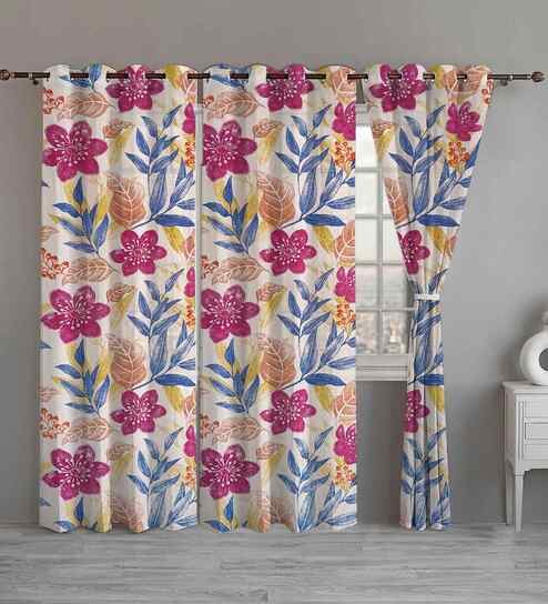 Purple Cotton Floral 9ft Eyelet Long Door Curtains (3 Pcs)