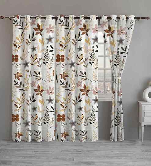 Beige Cotton Floral 9ft Eyelet Long Door Curtains (3 Pcs)