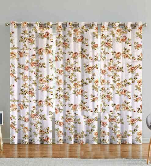 Beige Cotton Floral 9ft Eyelet Long Door Curtains (3 Pcs)