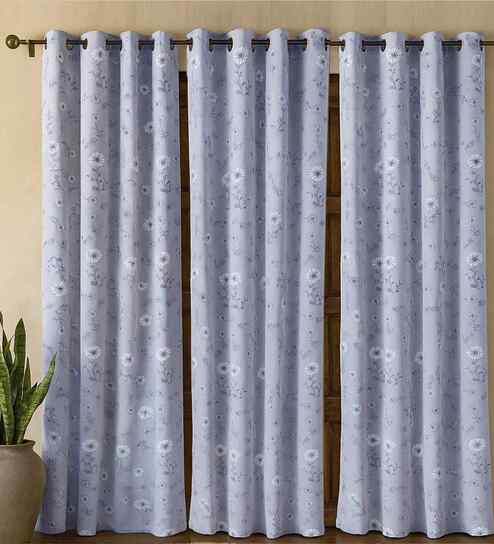 Grey Cotton Floral 9ft Eyelet Long Door Curtains (3 Pcs)