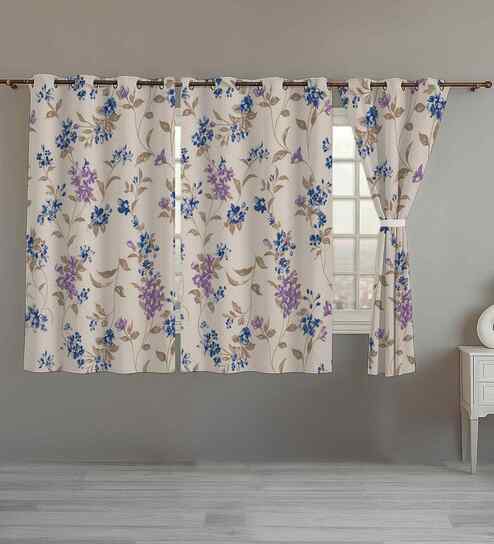 Purple Cotton Floral 5ft Eyelet Window Curtains (3 Pcs)