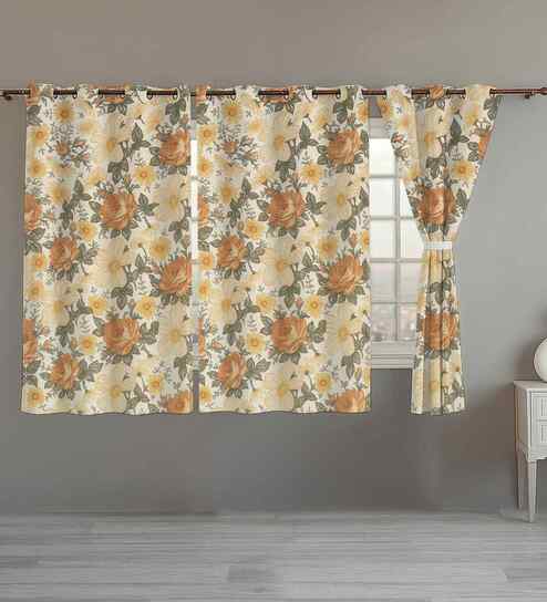 Orange Cotton Floral 5ft Eyelet Window Curtains (3 Pcs)