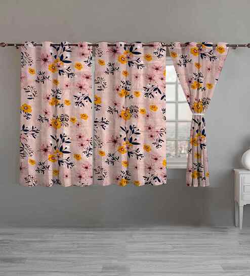 Multicolor Cotton Floral 5ft Eyelet Window Curtains (3 Pcs)
