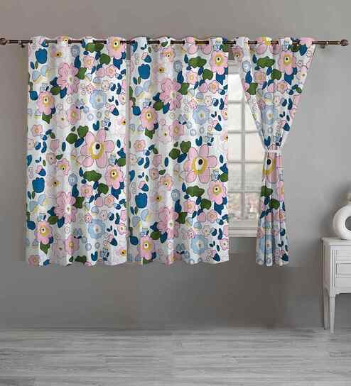 Beige Cotton Floral 5ft Eyelet Window Curtains (3 Pcs)