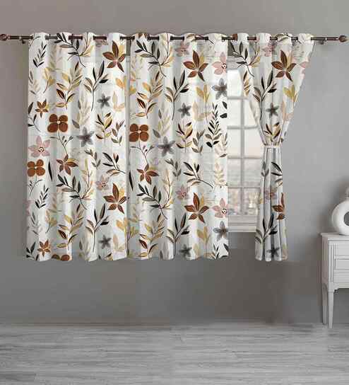 Beige Cotton Floral 5ft Eyelet Window Curtains (3 Pcs)
