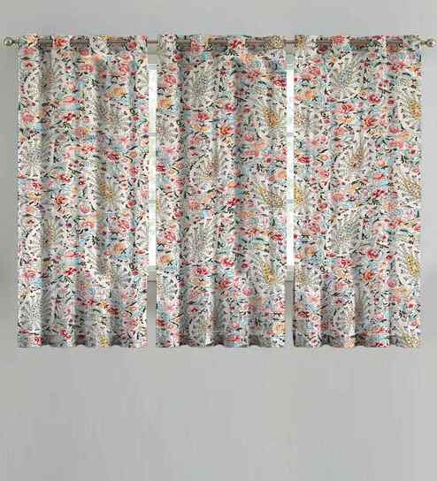 Beige Cotton Floral 5ft Eyelet Window Curtains (3 Pcs)