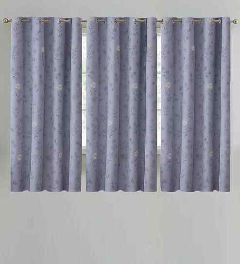 Grey Cotton Floral 5ft Eyelet Window Curtains (3 Pcs)